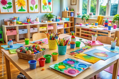 Colorful art supplies and craft projects scatter a daycare table, showcasing children's creative expressions through paintings, drawings, and handmade decorations.