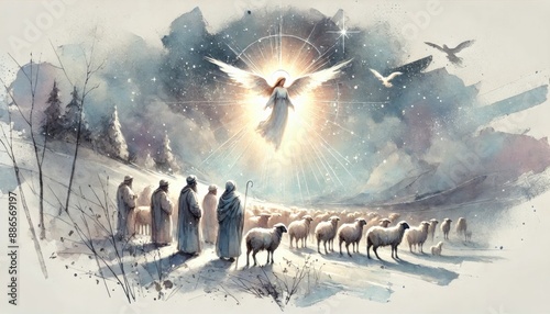 Shepherds watching their flock in a field looking at an angel in the sky, emanating light.