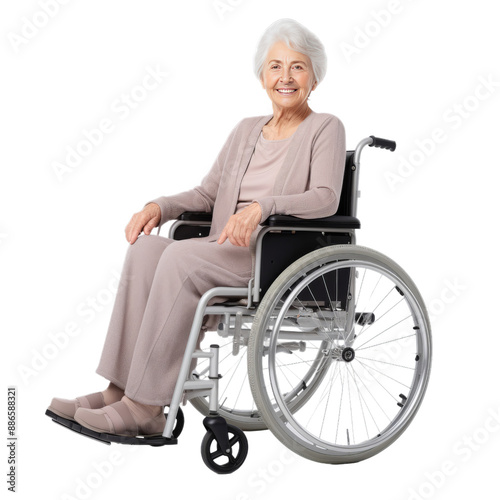 Full body of happy and smiling senior female with white hair looking at camera while sitting on walking disabled wheelchair and isolated against transparent background, png file.