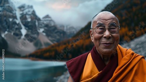 a modern dalai lama with eyeglasses posing in front of mountain on his journey in mountains of solitude, nourishing his introvert nature by walking in nature alone