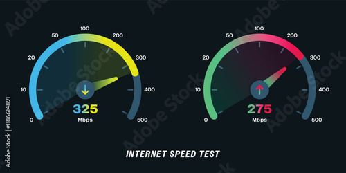 Internet Speed Test ,Upload Download speed test with modern design neon gauge, Internet speed test software and network performance information arrow bandwidth display interface app internet UI UX