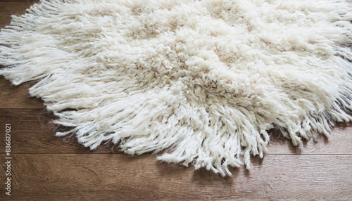 White shaggy carpet on brown wooden floor