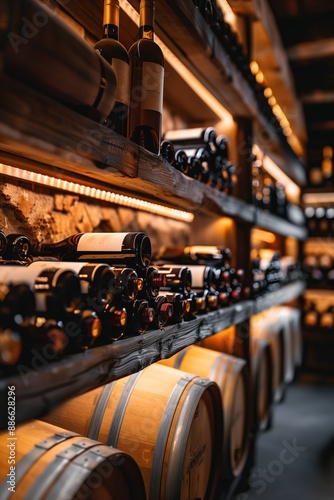 Wine cellar with wooden shelves filled with wine bottles. Bottles arranged orderly, standing upright, others resting on sides. Perspective from below enhances depth and scale.