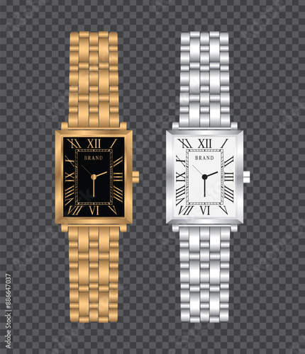 Golden and silver wristwatches with Roman numerals vector