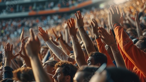 A crowd of enthusiastic fans raise their hands in the air, cheering on their favorite team at a stadium