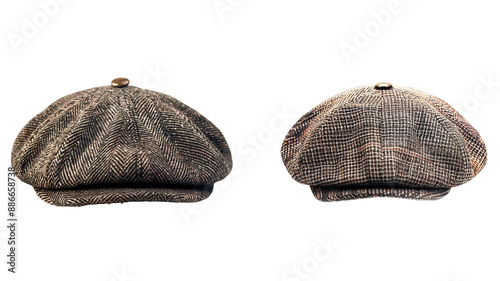 Two Vintage Newsboy Cap with Patterned Wool Style with transparent background