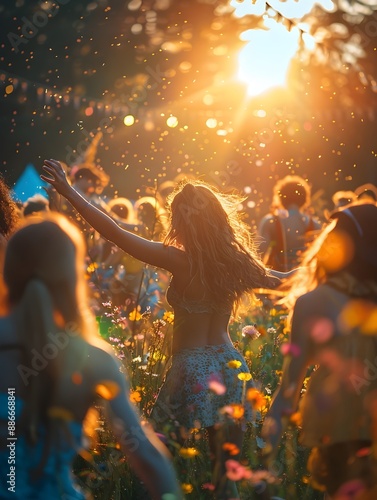 Euphoric Music Festival with Friends Amid Vibrant Sunset Outdoors