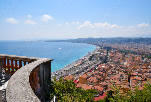 Aerial panoramic view of the sea and Old Town, Nice, South of France, 2019.