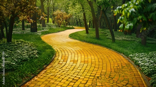 Circular golden brick road in a beautiful park, great for sophisticated and peaceful backgrounds