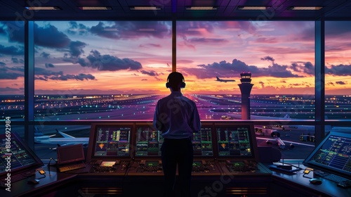 Air Traffic Controller Overseeing Evening Flights at Modern Airport