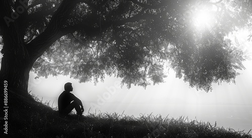 Pensive man under tree, contemplating.