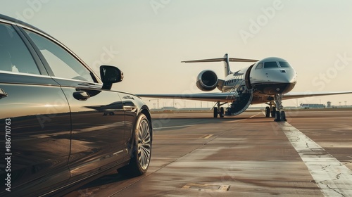 A black car is parked next to a jet on the tarmac