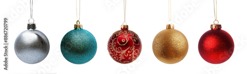 Collection set of five silver, blue, golden and red Chritmas balls hanging with a string, Christmas shiny baubles isolated on transparent background, png file