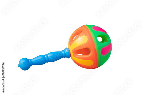 baby rattle toy It is brightly colored and has a bell sound.