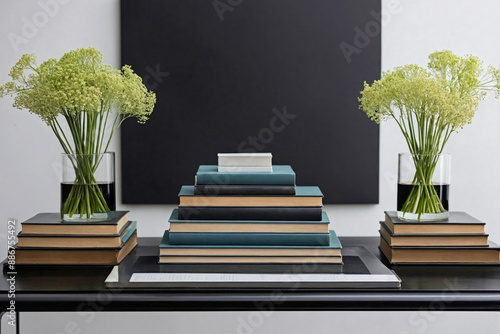 a pair of books side by side on a sleek black table, ensuring they are perfectly aligned.