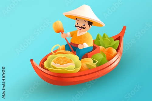 Cartoon-style illustration Asian fisherman rowing sampan filled with various fruit vegetables. Man wearing traditional hat, yellow shirt, blue pants, colorful, playful, representing traditional Asian.