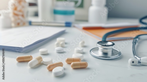 A doctors desk with antidepressant capsules, a stethoscope, and medical records, symbolizing comprehensive mental health care