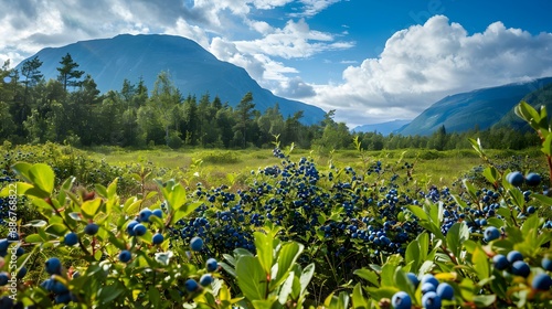 Blueberry fields in summer with bushes strewn image