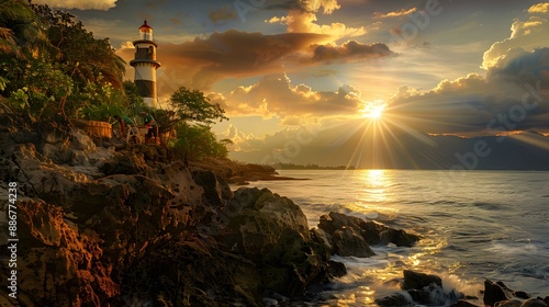 Tropical coast with a lighthouse on a rocky picture