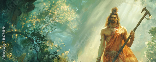 A serene portrayal of Lord Parashurama, the warrior-sage, standing with his axe in a forest setting. He is shown with a calm demeanor, symbolizing his role as a protector of dharma and a destroyer of