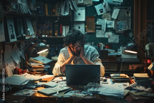 A man sits at his desk in a dimly lit room, surrounded by papers and a laptop, his face buried in his hands. The cluttered workspace and dark surroundings reflect his overwhelmed state of mind, as he