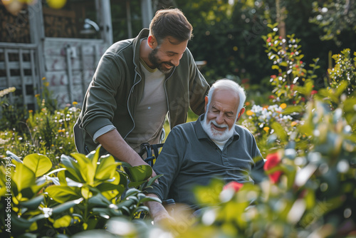 Young man helping elderly man in garden. Intergenerational bonding and outdoor activity. Shared experiences of different ages.