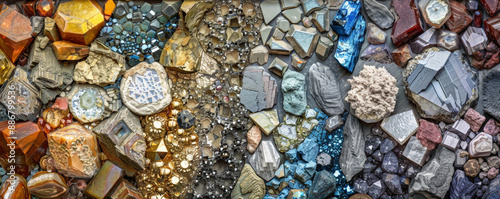 A rare earth mineral collage with elements such as praseodymium, lanthanum, and neodymium arranged in an artistic pattern. The varied colors and textures highlight the uniqueness of each mineral.