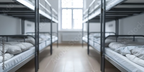 Empty hostel room with metal bunk beds and clean linens. Concept Hostel Room, Metal Bunk Beds, Clean Linens, Minimalist Decor, Spacious Layout