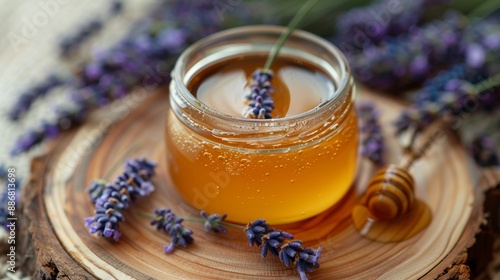 natural food packaging, lavender honey jar with dried flowers on wooden surface for natural brand design, a stylish touch of nature for food packaging