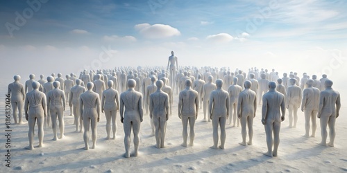 The Followership A Digital 3D Illustration of a Crowd of White Figures Following a Tall Leader, Conformity , Leadership , Crowd , Human