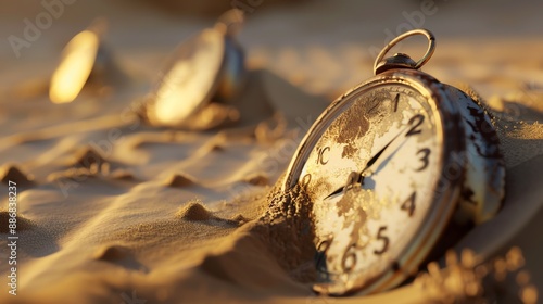 Vintage pocket watches half-buried in sand symbolizing the passage of time and forgotten memories in a desolate desert landscape.