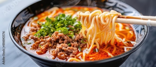 Tantanmen ramen in motion, with spicy broth, minced meat, and noodles creating a vibrant and aromatic swirl