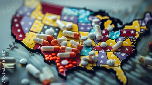 Conceptual image depicting the drug pandemic in the USA, highlighting the impact of substance abuse, addiction, and the opioid crisis.