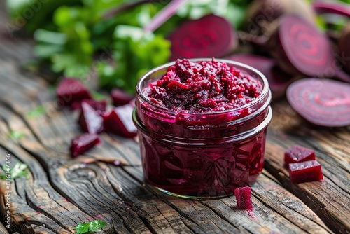 Homemade grated beetroot relish in glass jar on rustic wooden table