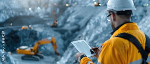 Engineering Innovation: Engineer Documenting Mineral Extraction Process on Tablet at Site