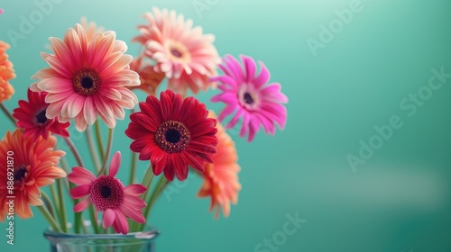 Colorful Barberton daisies in a vase on a green backdrop