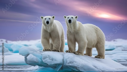 Two polar bears are standing on ice with the sun behind them