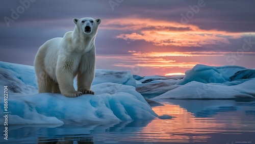 A polar bear is standing on ice with ice in the background