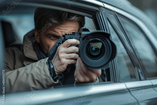 Private detective conducting surveillance from inside a car, snapping photos with a sleek SLR camera.