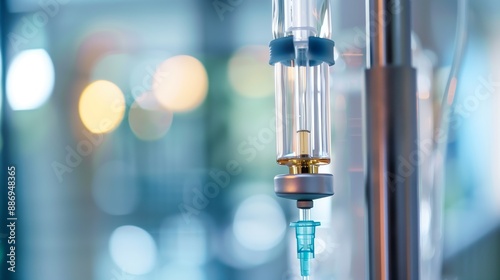 A detailed closeup of an intravenous (IV) drip in a hospital environment, with blurred background lights.