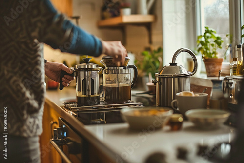 A person making coffee with French presses on a kitchen counter, surrounded by various kitchen items, representing a cozy morning routine at home.