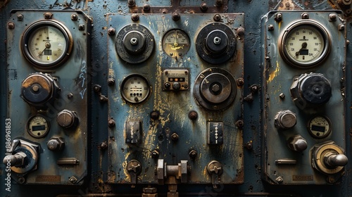 A retro-styled industrial control panel covered in various gauges, dials, and knobs, showing signs of aging and wear, representing vintage mechanical engineering.