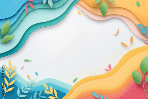 vibrant abstract background featuring layered waves and leaves in shades of blue, green, yellow, and red. with large copy space. modern, deigns, presentations