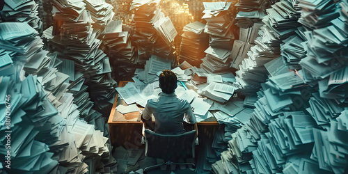 The Labyrinth of Bureaucracy: A complex network of paperwork, spread across a massive desk.