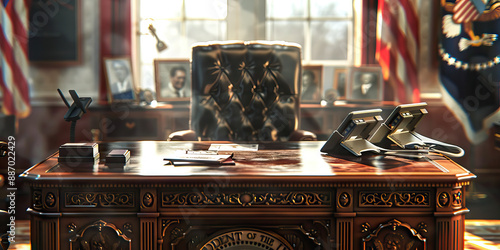 Oval Office of Oaths: A severe-looking executive chair, facing a desk adorned with framed documents and American flags.