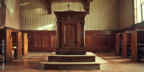 Sermon's Sanctuary: A pulpit carved from solid oak dominates a modest church, awaiting its next preacher.