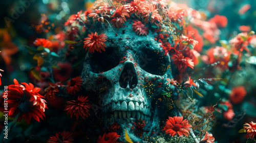 Human skull with flowers - vanitas, symbol of time passing, inevitable end