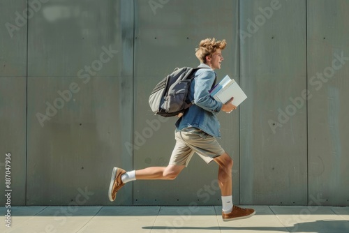 A purposeful student with a backpack and books is running down the street