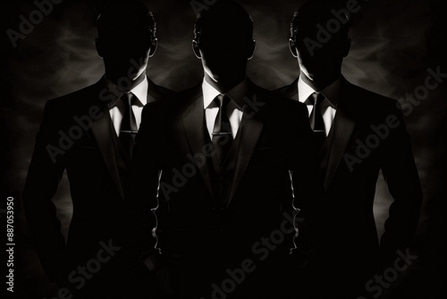 Three men in suits stand in darkness, their faces obscured. The only light comes from behind them, creating a dramatic silhouette