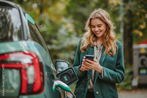 A businesswoman fueling her electric car at an electric service station